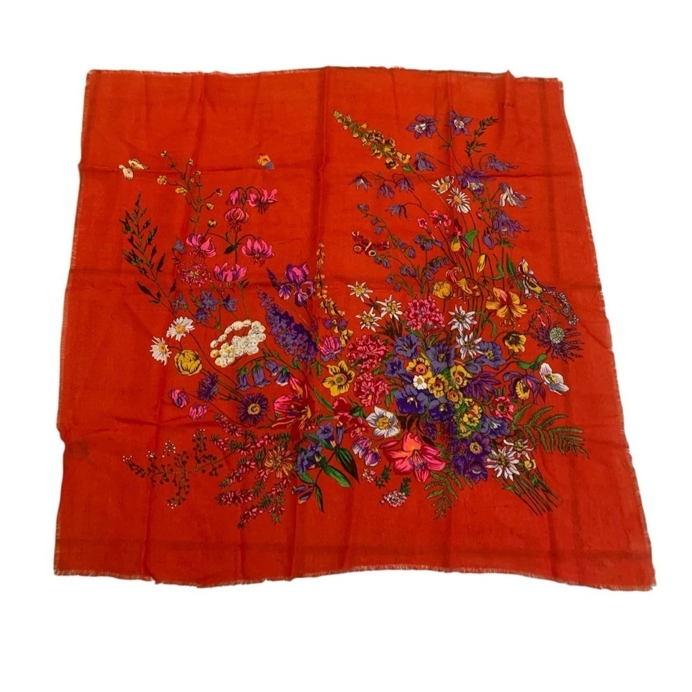 Vintage Square Scarf | Maxi Floral Botanical Print | Red Orange Fringe